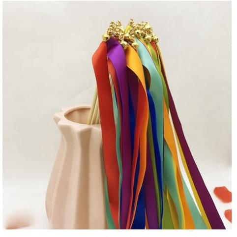 Hrlace Lot de 50 serpentins de mariage avec ruban de clochette - Baguettes magiques - Baguettes de fée - Baguettes porte-bonheur - Baguettes de fée en soie - Pour mariage, anniversaire, fête -