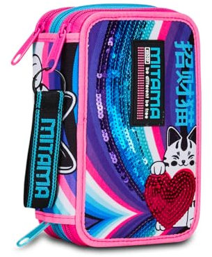 Mitama Schulmäppchen mit 3 Fächern, super dreifach Farbe Rainbow Cat, Inhalt 50 Stück, komplett mit Bleistiften, Filzstiften, Stifteköcher für die Grundschule für Mädchen, Rosa, Taglia Unica
