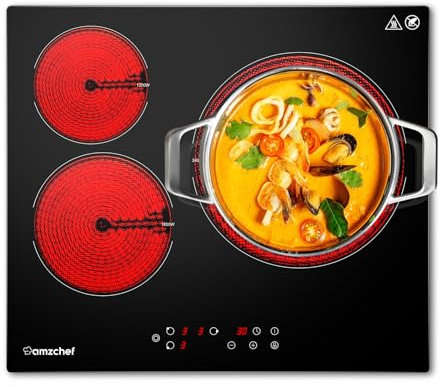AMZCHEF Glaskeramikkochfeld 60cm, herdplatte 3 kochfelder 5400W mit 9 Stufen, große Fläche von 2400W, Automatische Abschaltung, Timer, Sicherheitssperre, Schwarz