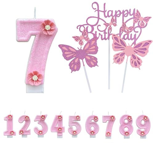 Bolosa Kerze 7 Geburtstag Mädchen - Schmetterling Tortendekoration, Rosa Kuchenzahl Kerze, Tortendeko Geburtstag (Nummer 7)