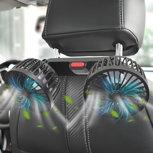 BIOSA Auto Ventilator, 12V 24V Doppelkopf Auto Kfz Lüfter, 3 Gang Einstellbar Auto Ventilator für Rücksitz, Auto Lüfter 360° Drehbar, Auto USB Ventilator für LKW Van SUV RV