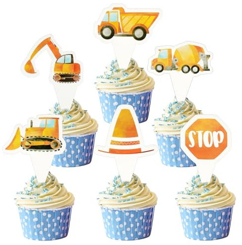 Tortendeko, 24 Stück Happy Birthday Tortendeko, LKW Bagger Kuchen Deko, Straßenschild Baufahrzeug Tortendeko Geburtstag, Cake Topper Geburtstag, Kuchendekoration für Jungen Mädchen Kinder Party Deko