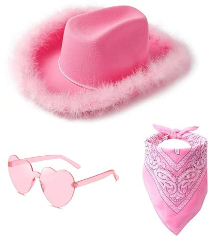 AYNKH Cowboy Cap Cowboy Girl Heart Sunglasses Femmes Foulard Set, Felt Feather Feather Ornement Cap Halloween Anniversaire Robe de Fantaisie à Larges Bords Costumes Partie Carnaval Accessoires