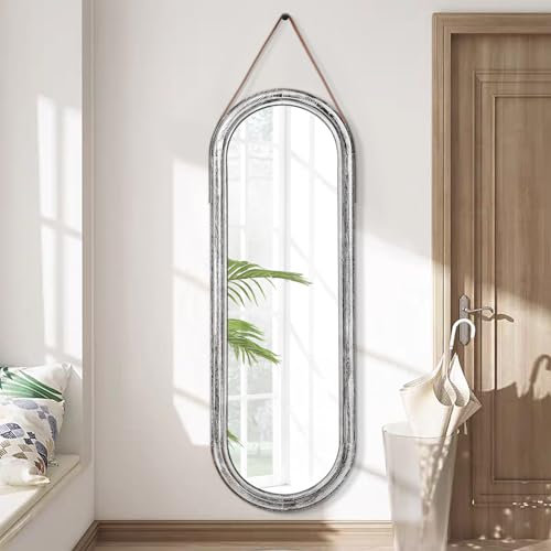 AAZZKANG Spiegel in voller Länge, rustikaler Hängespiegel mit Lederband, Holzrahmen, oval, großer Spiegel, 110 x 35 cm, für Schlafzimmer, Wohnzimmer, Eingangsbereich, dekorativ