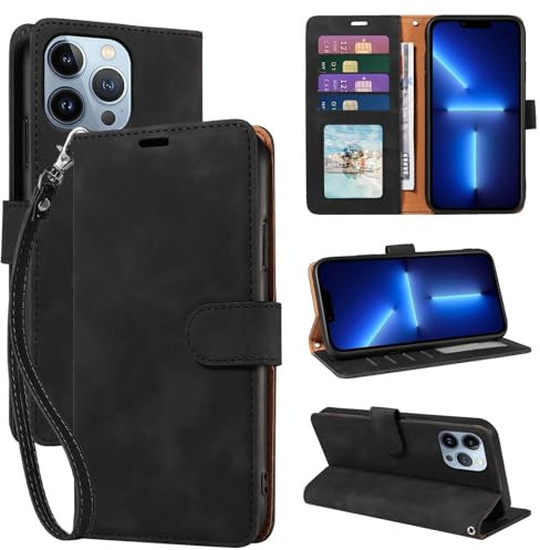 GOTOURED for iPhone 13 Pro Max Phone Case Wallet, RFID Blocking 4 Card Slots, Wrist Strap, Kickstand, Magnetic Closure, Shockproof Protective Soft Leather Flip Cover (Black)