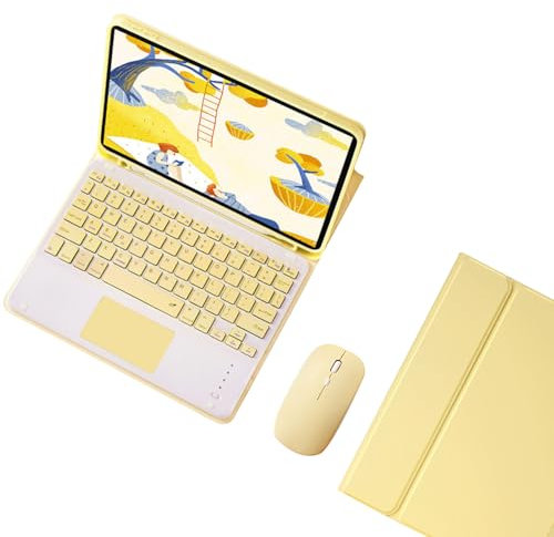 Étui Clavier Bluetooth avec Pavé Tactile pour iPad 9,7 Pouces 6ème Gén 2018/5ème Gén 2017/iPad Pro 9.7/iPad Air 2/1, Coque Clavier QWERTY sans Fil Détachable avec Souris et Porte-Stylo, Jaune-A