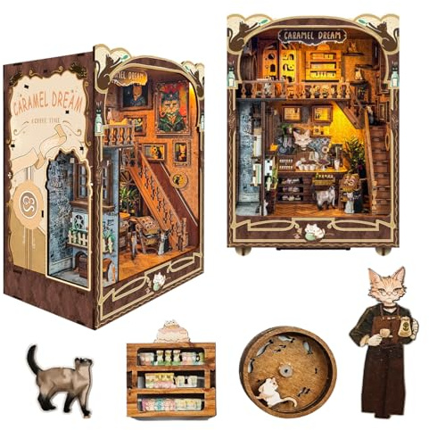 Kit de maison de poupée à faire soi-même pour adultes - Assemblage stéréo 2D - Veilleuse - Serre-livres en bois - Modèle de construction (Caramel Dreams)