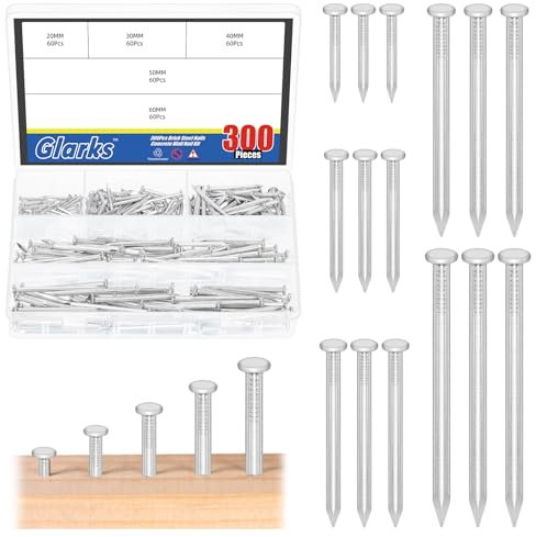 Glarks 300 piezas 20/30 / 40/50 / 60 mm kit de clavos de acero de ladrillo, clavos de hardware de acero al carbono de zinc blanco, clavos de acabado, clavos de suspensión Brad e imagen