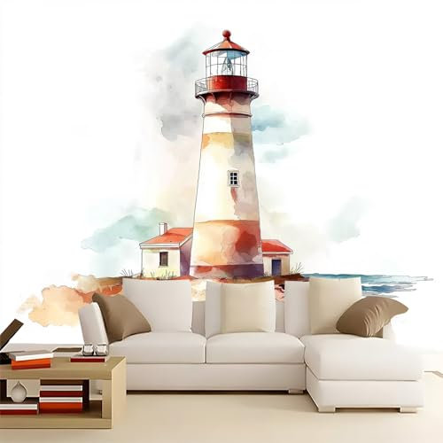 Papier Peint Panoramique Phare Aquarelle, Photo Murale Poster Géant Décoration Murale Intissé Moderne, Papier Peint Marron Blanc, Décoration Murale 300 x 210 cm