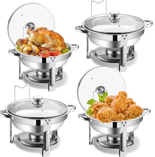 Chafing Dish Buffet Set 4 Pack:5QT Round Stainless Steel Chafer for Catering, Round Chafing Dish Buffet Set with Lids Buffet Warmers Sets for Catering, Parties and Weddings (4)
