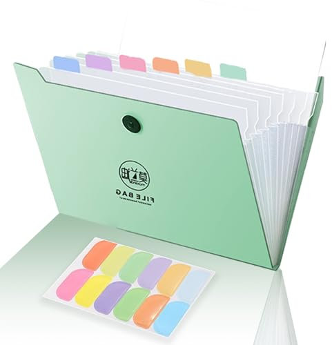 Carpeta acordeon - Carpeta archivadora - Carpeta separadores - Carpeta A4 con 12 compartimentos - organizador de documentos - ideal para ordenar archivos en oficina - hogar y escuela (verde claro)