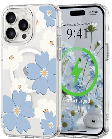 L-FADNUT Magnetic for iPhone 14 Pro Max Case, Compatible with Magsafe Floral Pattern Design, Clear Girly Flower Cover Slim Bumper Shockproof Protective Phone Case for iPhone 14 Pro Max Blue