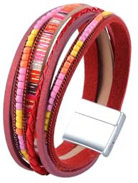 Viwind Lederarmband Damen Boho Multilayer Leder Wrap Armbänder 19 cm Korn Perlen Wickelarmband Geflochtenes Lederarmband Magnetverschluss (Rot)
