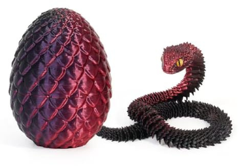 3D-gedruckte Schlange mit Ei, Cheftier-Schreibtisch, Fidget-Spielzeug, Heimdekoration, Drachenei, Osterei, 3D-Tiere, bewegliche Schlangen, Geschenke (schwarz-rote Schlange)