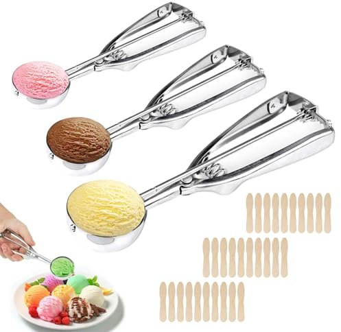 Cuillère à Glace,3pcs Cuillère à Glace en Acier Inoxydable,Cuillere a Glace avec Gâchette,Ice Cream Scooper,Cuillère à Crème Glacée Réutilisable,4 cm,5 cm et 7.5 cm,pour Fruits,Crème Glacée,Biscuits