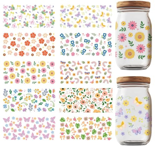 GOMAKERER 10 Blatt Blumen UV DTF Cup Wraps, Boho Regenbogen Sonnenblume Rub On Transfer Aufkleber Wasserfest Transferaufkleber Cartoon Rub On Aufkleber Für Glasbecher Holzhandwerk