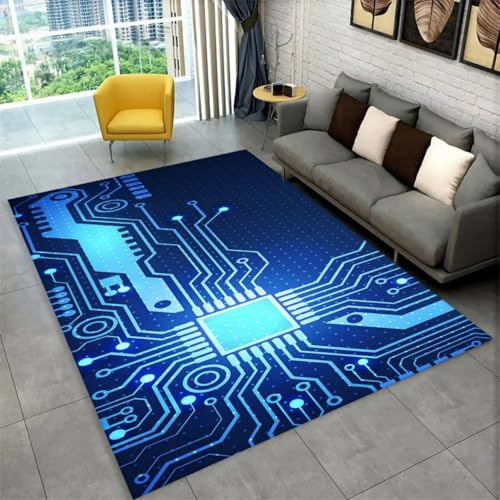 RUILBJM Visuell Cool Linie Gaming Teppich, 3D Schaltkreis Muster Jugendzimmer rutschfest Matte, Wohnzimmer Große Fläche Teppich, Jungen Schlafzimmer E-Sport-Raum Stuhlunterlage (Color 1,100x150cm)