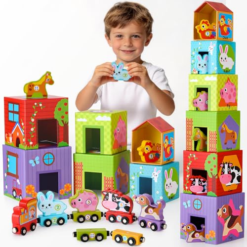 Atoylink Farm Stapelturm Baby, Montessori Stapelspiel Bauernhof Spielzeug mit 6 Stapelwürfel & 6 Bauernhoftieren & 6 Holz Eisenbahn Kinder, Lernspielzeug Motorikspielzeug Geschenke für Kinder