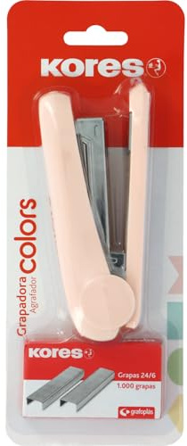 Kores - Agrafeuse de bureau modèle Colors + 1 000 agrafes 24/6, couleur rose soft, dimensions 12,5 x 5,5 x 3 cm, capacité 20 feuilles de papier de 80 g, compatible avec agrafes 26/6, matériel scolaire