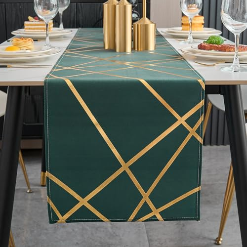 Brylleii Tischläufer Modern Tannengrün Glänzend Gold Geometrie 33 cm Breit Tischdeko Tischband 180 Lang Abwaschbar Landhausstil Tischdecke Dekoratives für Couchtisch Esstisch Küche Hochzeit