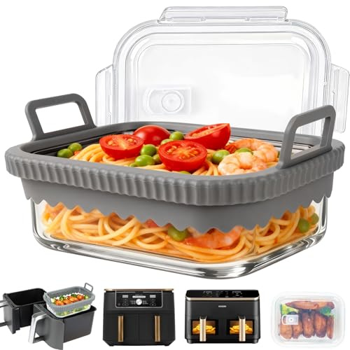 YQL Glas Airfryer Zubehör für COSORI Heißluftfritteuse 8,5L/Ninja Dual 9,5L | Hitzebeständig Kratzfest, Auflaufform Glasbehälter mit Deckel&Silikongriffen für CAF-R901-AEU/Ninja AF400EUCP/DZ400EU