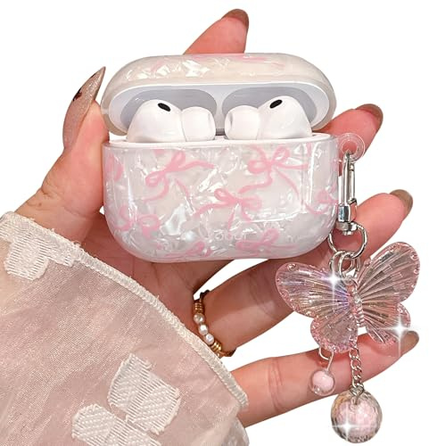 PHOEACC für AirPod Pro 3 Hülle 2025 Cute Schleife Marmor Schutzhülle mit Glitzernder Schmetterling Schlüsselanhänger Kompatibel mit AirPods Pro 3 Case für Mädchen und Frauen (Rosa Bogen)
