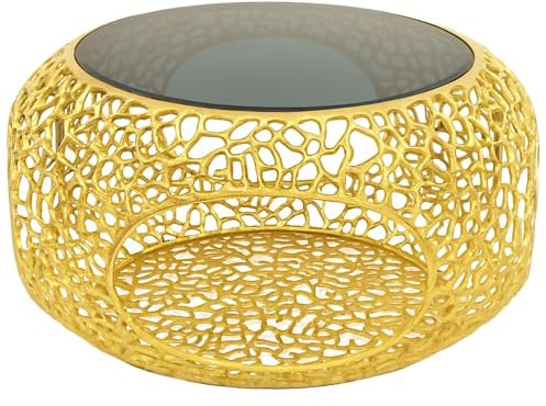 invicta INTERIOR Runder Couchtisch Spin - 75cm - Gold - Schwarzglas Metall mit Stauraum Handmade Wohnzimmertisch Tisch