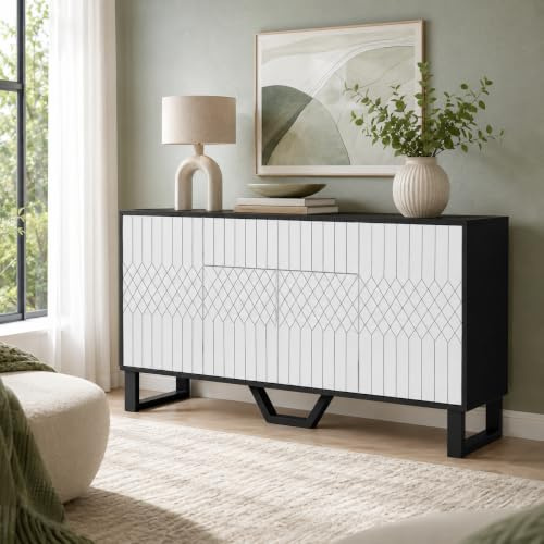 PREMTURE Sideboard Schwarz 160x40 cm mit Türen, modernes Wohnzimmer Möbel | Modernes Sideboard Schwarz mit dekorativen Türen, viel Stauraum und 50 kg Tragkraft, ideal als Wohnzimmer Schrank und Kommode