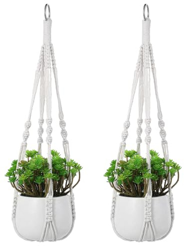 2 Stück Makramee Blumenampel, Boho Blumenampel Hängend Innen, Weiß Baumwollseil Hängeampel, Außen Pflanzenampel für Interni, Esterni,Balcone,Wohnzimmer,Garten(Pflanzgefäße&Pflanzen Nicht Inbegriffen)