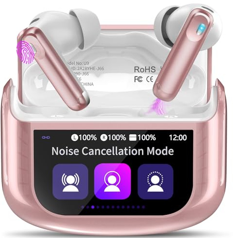 Wireless Earbuds, Bluetooth 5.4 Ear buds with Multifunctional Touch Screen, 48H Bass Stereo Headphones with ANC/ENC Noise Cancelling/Transparency mode, IPX7 Earphones with 5 EQ Modes, Bright Pink