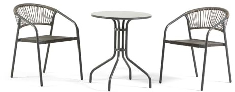 UBERTI. Set bistrò da balcone tavolino rotondo in metallo e 2 sedie in metallo con braccioli impilabili con schienale in corda, set salvaspazio per veranda e giardino - Max & Gaia (Grigio Scuro)