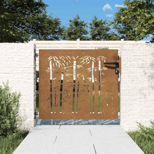 Gartentor aus Cortenstahl 85x75 cm Bambus-Design verstellbar 90–92 cm, abschließbar, robustes Metall Flügeltor für Garten, Hof, Einfahrt mit langlebiger Rostoptik und Sichtschutz