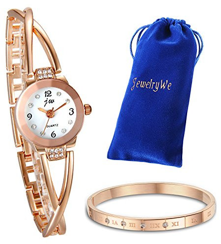 JewelryWe Schmuck Damen Mädchen Armbanduhr Set, Elegant Kreuzung Design, Charm Armreif, Rosegold