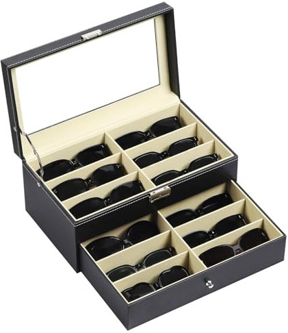 AUTOARK Scatola per Occhiali da Sole in Pelle,12 Pezzi,con Cassetto,con Serratura,Vetro Trasparente,Nero,AW-023
