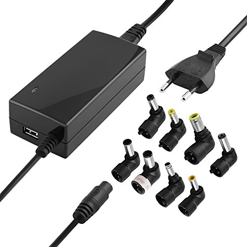 Stabilisiertes Universal Netzteil Ladegerät mit verschiedenen 90° Winkel-Adaptern und USB-Buchse für Geräte bis zu 4500mA, Eingang 230V, Ausgang 9 12 12 18 19 20 V DC, Schwarz