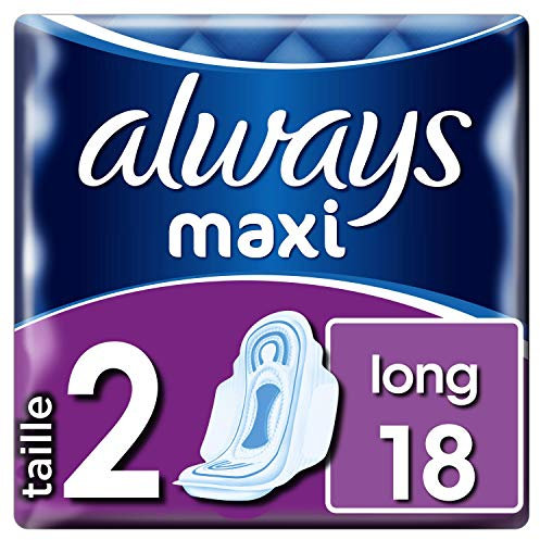 Always Maxi-Damenbinden Größe 2, lang, 18 Handtücher mit Flügeln, sehr reichhaltiger Tagesfluss, sehr saugfähiger Kern und Anti-Fleck-Barrieren