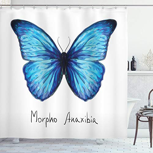 ABAKUHAUS Schmetterling Duschvorhang, Zusammenfassung Schmetterling, Stoffliches Gewebe Badezimmerdekorationsset mit Haken, 175 x 180 cm, Blassblau Indigo