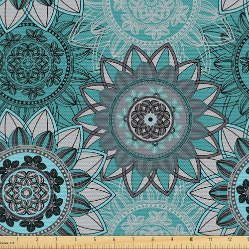 ABAKUHAUS Mandala Stoff als Meterware, Hippie Orientalischer Frühling, Qualität aus Gewebten Stoff Wohnaccessoires, 5M (148x500cm), Türkis Schwarz Taupe
