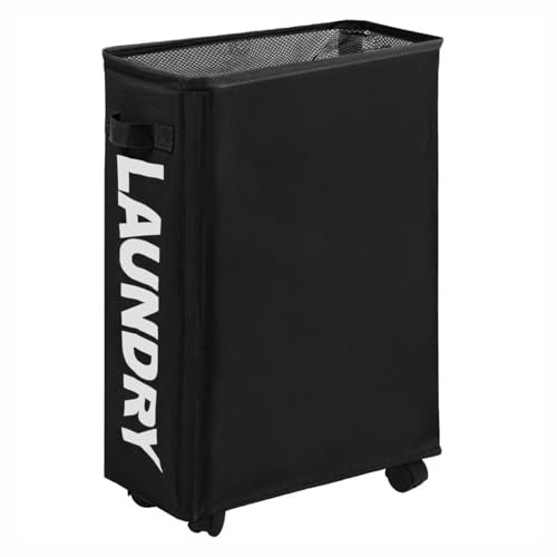 Easy Funny Slim Rolling laundry basket On Wheels Waterproof Foldable Corner Storage Bins Flexible Collapsible Laundry Bag Laundry Sorter 39x18.5x58cm (Black)