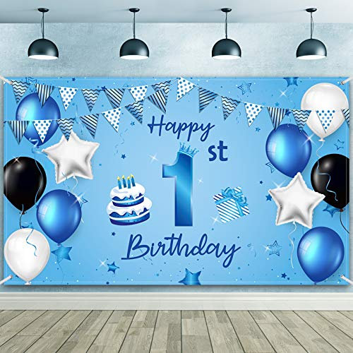 Happy 1st Birthday Hintergrund Banner Blau Neugeborene Jungen Erster Geburtstag Hintergrund Fotografie Hintergrund für 1. Geburtstag Babyparty Party Dekorationen Zubehör 72,8 x 43,3 Zoll