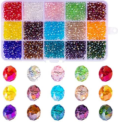 MissAudrey 4 mm Briolette Faceted Rondelle Crystal Glass Beads 1500pcs Jewellery Beads for Bracelet Necklace Jewelry Making DIY Craft with Container Box (15 AB Colors)