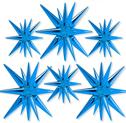 PartyWoo Royal Blue Star Balloons 6 pcs, One-Piece 14-Pointed Starburst Balloons, 27 & 22 inch Star Explosion Balloons with Ribbon, Point Star Foil Balloons, Large Mylar Balloons for Party Decorations