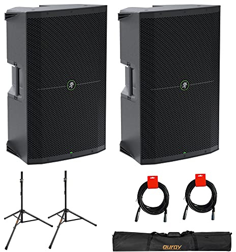 Mackie Thump215 PA-Lautsprechersystem (Paar), 1400 W, 38,1 cm, mit Auray SS-47S-PB Stahl-Lautsprecherständer, Tragetasche und 2 x 20 XLR-XLR-Kabel