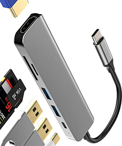 USB C Hub to HDMI+TF+SD Card Reade+Dual USB Port Adapter(6in1)Charger Multiport Splitter Dongle Apple IPhone15 Pro Max Ipad Thunderbolt Docking Station Monitor Laptop Mouse for Surface duo Dell Lenovo