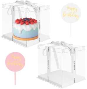 Transparente Kuchenbehälter,2Pcs 8Inch Doppelschicht Tortenschachtel mit Deckel, Dessert Box Tortenbox durchsichtig Cake Box mit Tortenstecker und Band für Geschenk Party Valentinstag(26 x 26 x 25 cm)