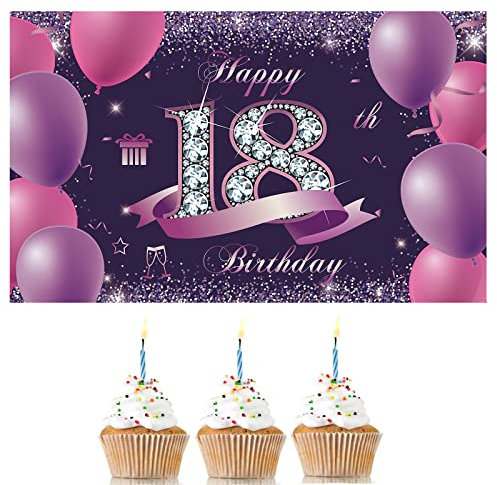 KAYLRE 18 Decoración de Fiesta de Cumpleaños de Violeta Negro, Extra Grande Póster de Tela Cartel para 18 Aniversario Feliz Cumpleaños Pancarta de Fondo Materiales de Fiesta de Cumpleaños
