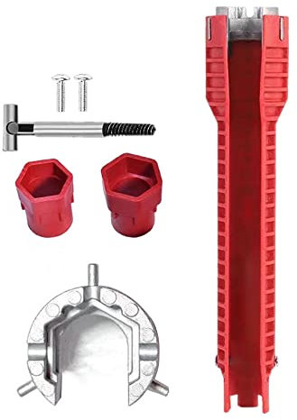 MONAQI 8/5-in-1 Wasserhahn und Waschbecken-Installationsschlüssel, rutschfester Griff, Doppelkopf-Reparaturschlüssel, Badezimmer, Sanitär-Wasserbereiter, Schraubenschlüssel, 8-in-1, rot, 245 x 50 mm