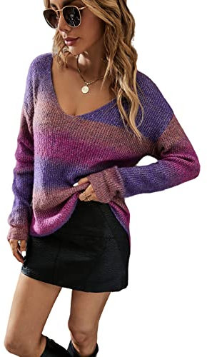 HEYPORK Damen Herbst Winter Warm Bequem Pullover Casual Mode Strickjacke Strickpullover Frauen Tie-Dye Pullover Unregelmäßig Farbverlauf Stricken(Lila, M)