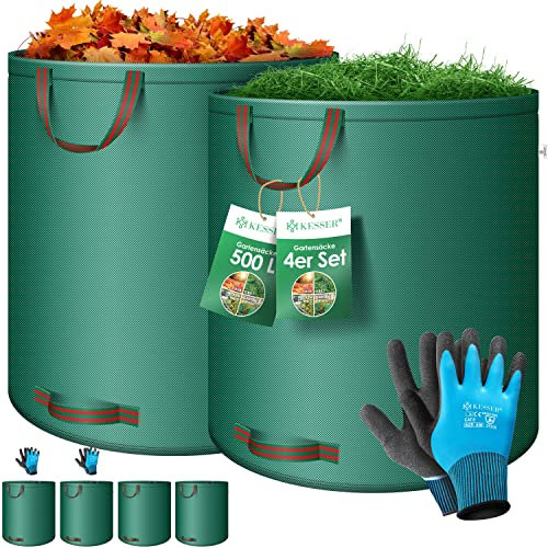 KESSER® Gartensack 4x 500L Set Laubsack Gartenabfallsack inkl. Handschuhe - Selbststehend 4 Griffe Stabil Robust & Faltbar - Laubsäcke Rasenschnitt Gartensäcke für Gartenabfälle Grünschnitt Grün