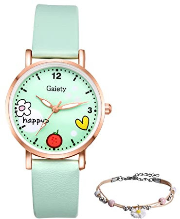 JewelryWe 2pcs Damenuhr Armband Schmuck Set Damen Kinder Analog Quarz Uhr mit Blume Erdbeere und Herz Leder Armbanduhr verstellbar Perlen Kugel Armreif für Frauen Mädchen Grün